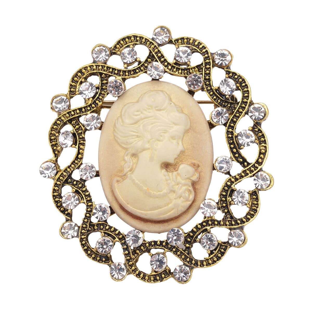 Brown Resin Cameo and Austrian Crystal Brooch in Goldtone 20.00 ctw image number 0