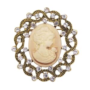 Brown Resin Cameo and Austrian Crystal Brooch in Goldtone 20.00 ctw