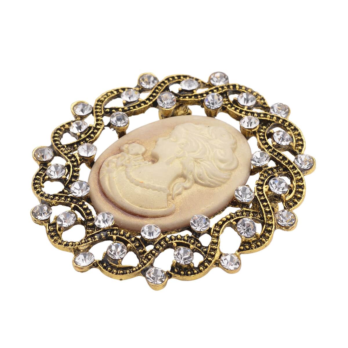 Brown Resin Cameo and Austrian Crystal Brooch in Goldtone 20.00 ctw image number 2