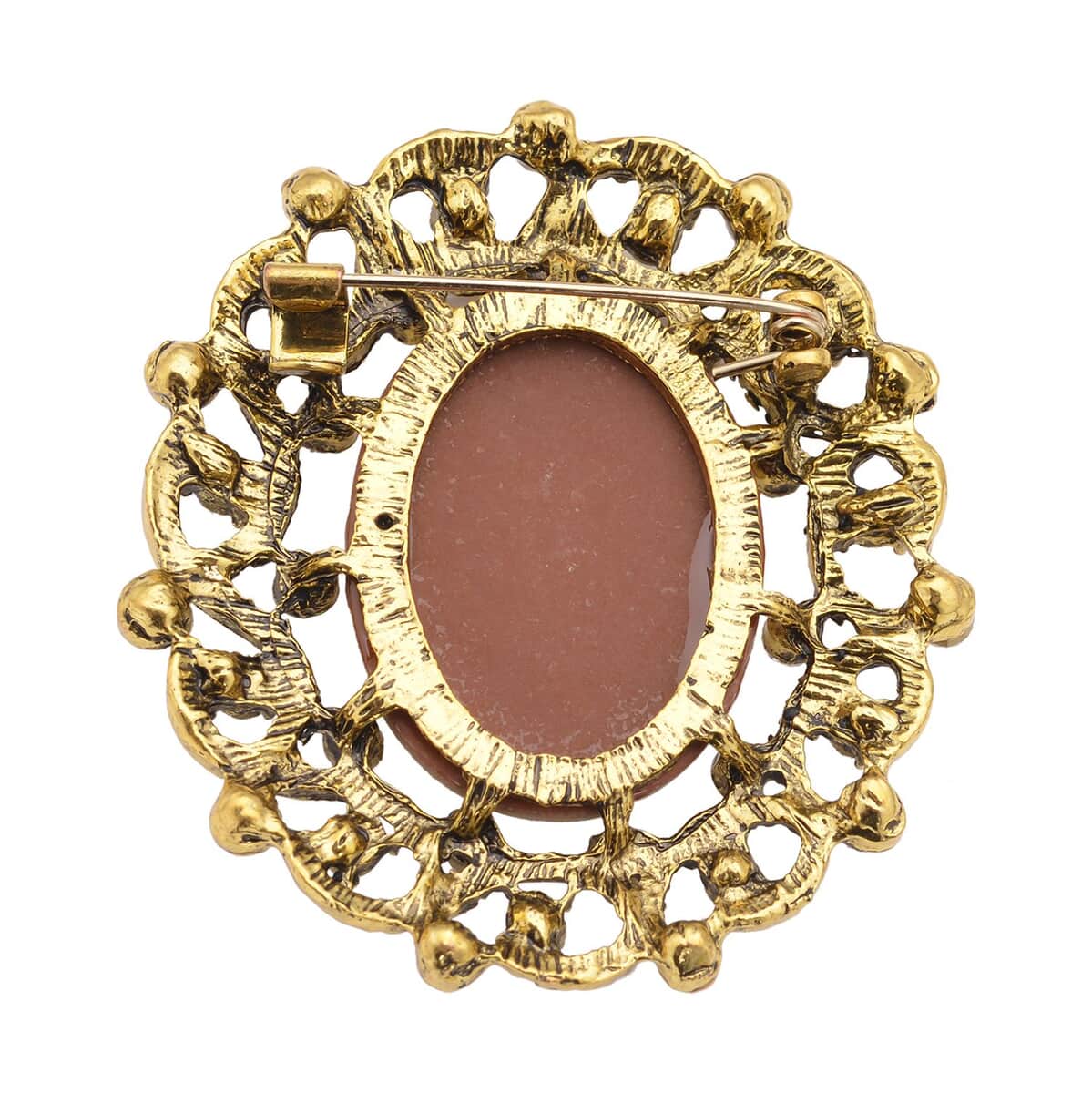 Brown Resin Cameo and Austrian Crystal Brooch in Goldtone 20.00 ctw image number 3