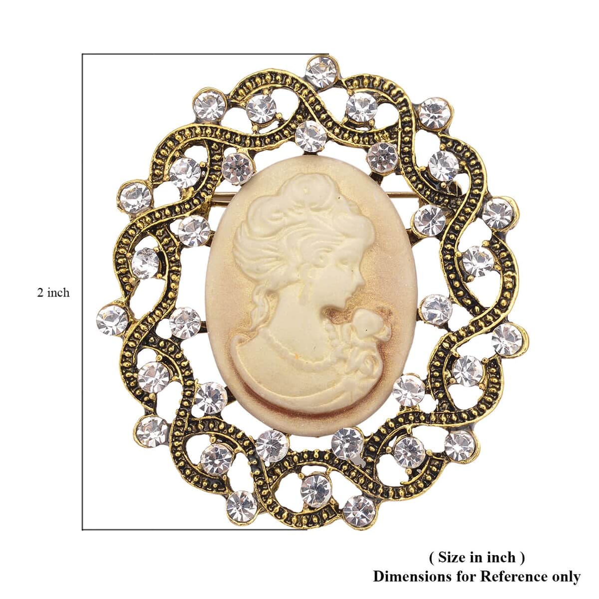 Brown Resin Cameo and Austrian Crystal Brooch in Goldtone 20.00 ctw image number 4