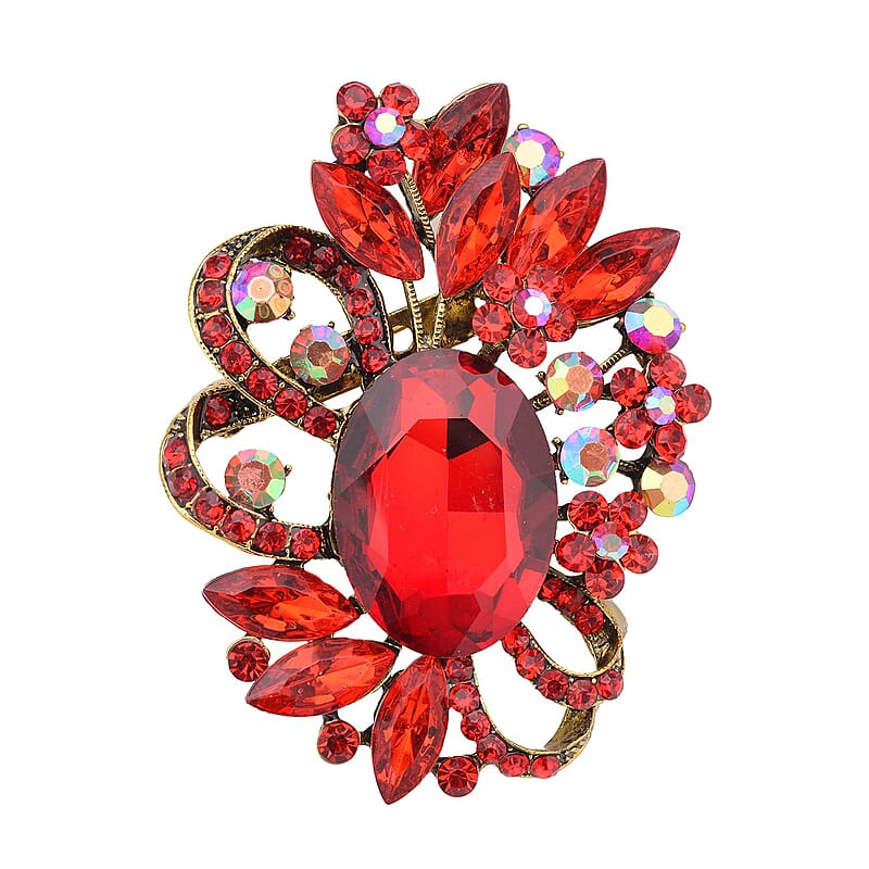 Red Austrian Crystal and Red Glass Floral Brooch in Goldtone