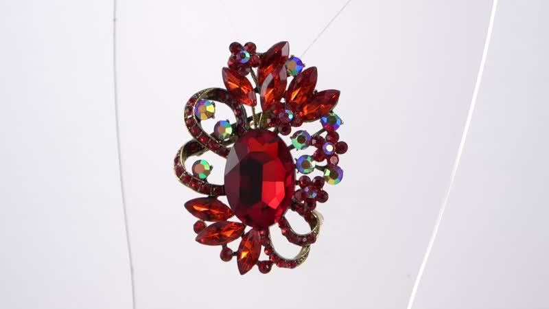 Red Austrian Crystal and Red Glass Floral Brooch in Goldtone