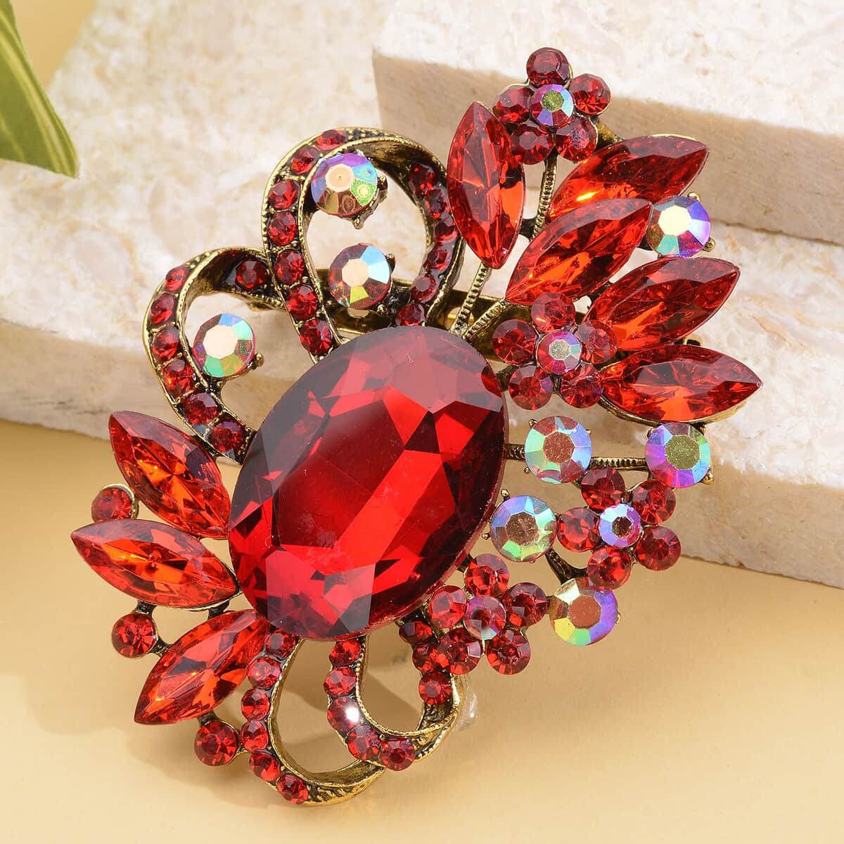 Red Austrian Crystal and Red Glass Floral Brooch in Goldtone image number 1