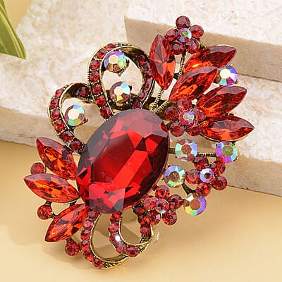 Red Austrian Crystal and Red Glass Floral Brooch in Goldtone