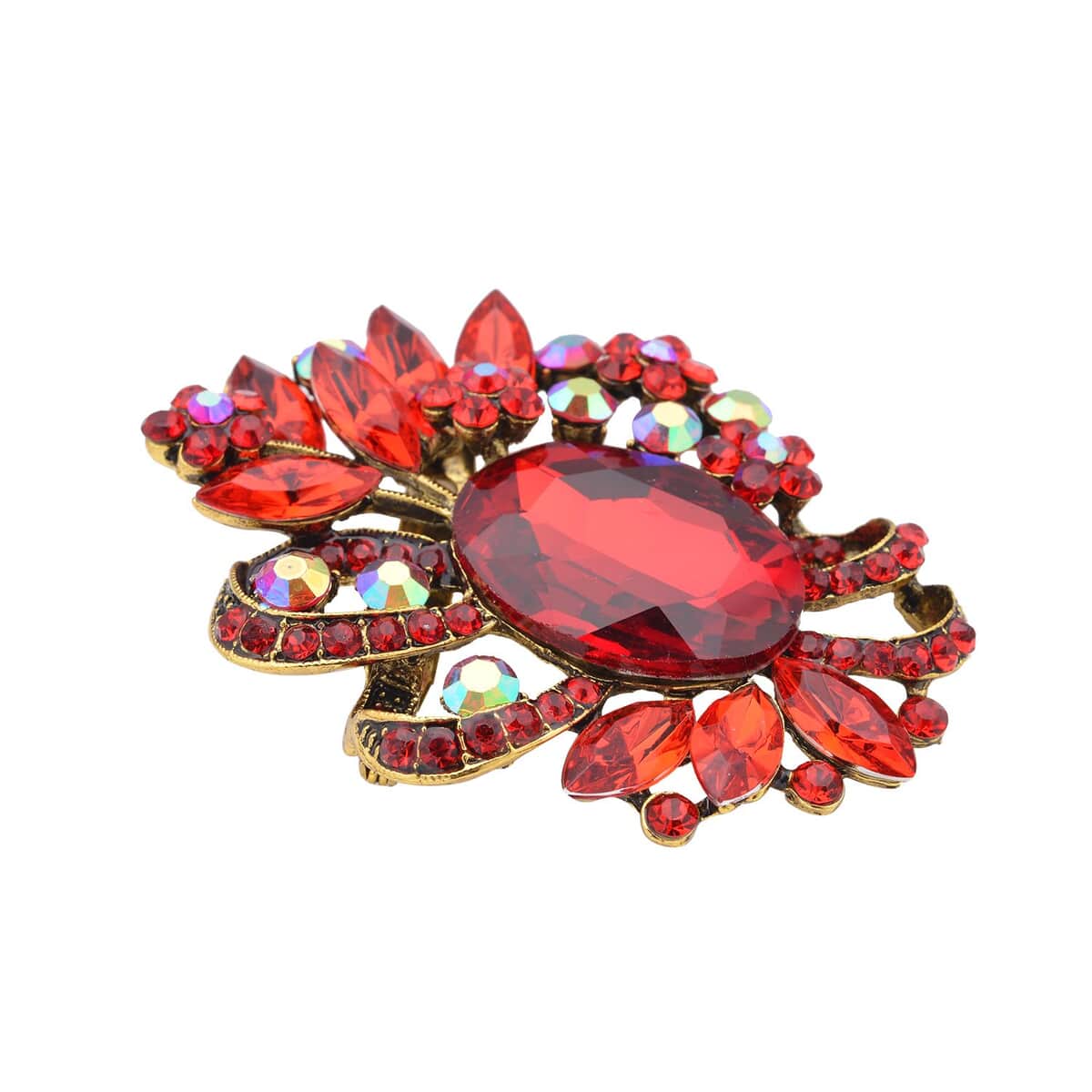 Red Austrian Crystal and Red Glass Floral Brooch in Goldtone image number 2