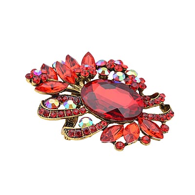 Red Austrian Crystal and Red Glass Floral Brooch in Goldtone