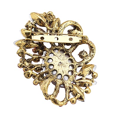 Red Austrian Crystal and Red Glass Floral Brooch in Goldtone