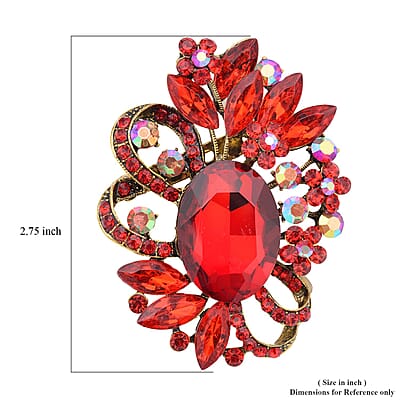 Red Austrian Crystal and Red Glass Floral Brooch in Goldtone