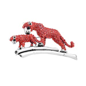 Red and Black Austrian Crystal and Enameled Panther Brooch in Silvertone
