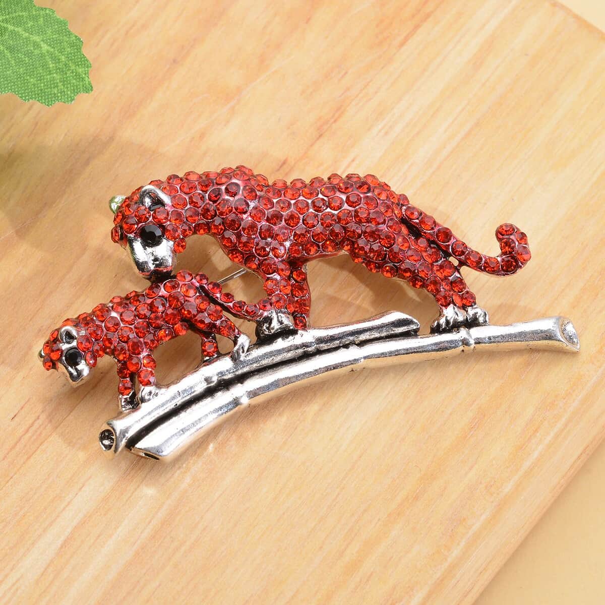 Red and Black Austrian Crystal and Enameled Panther Brooch in Silvertone image number 1