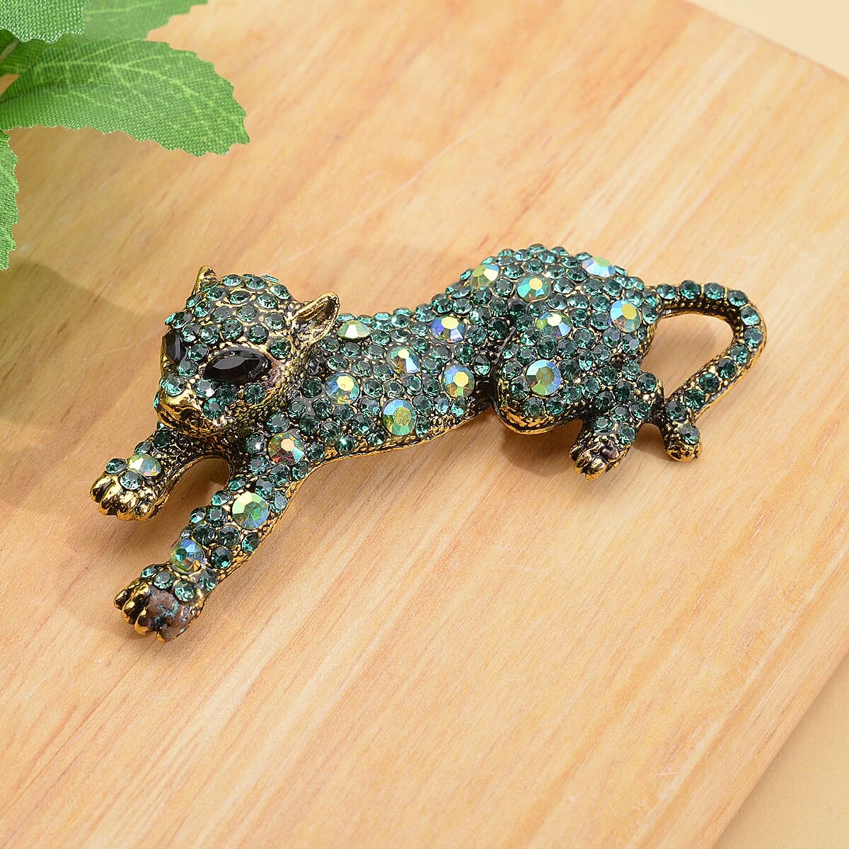 Neon Green and Green Multi Color Austrian Crystal, Black Glass Panther Brooch in Goldtone image number 1