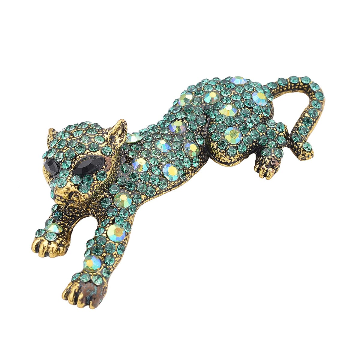 Neon Green and Green Multi Color Austrian Crystal, Black Glass Panther Brooch in Goldtone image number 2
