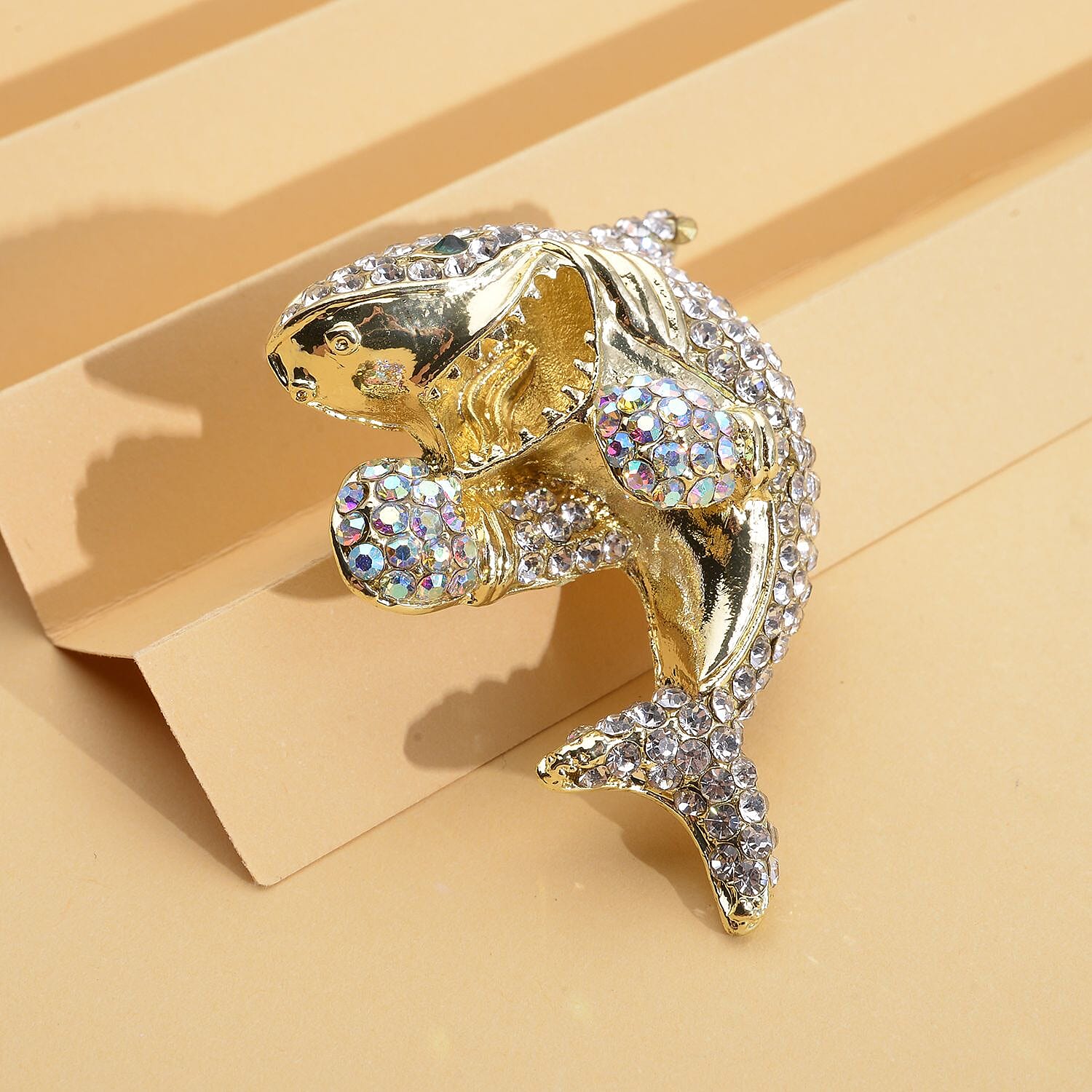 Multi Color Austrian Crystal Dolphin Brooch in Goldtone