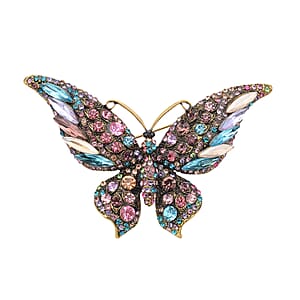 Multi Color Glass and Multi Color Austrian Crystal Butterfly Brooch in Goldtone