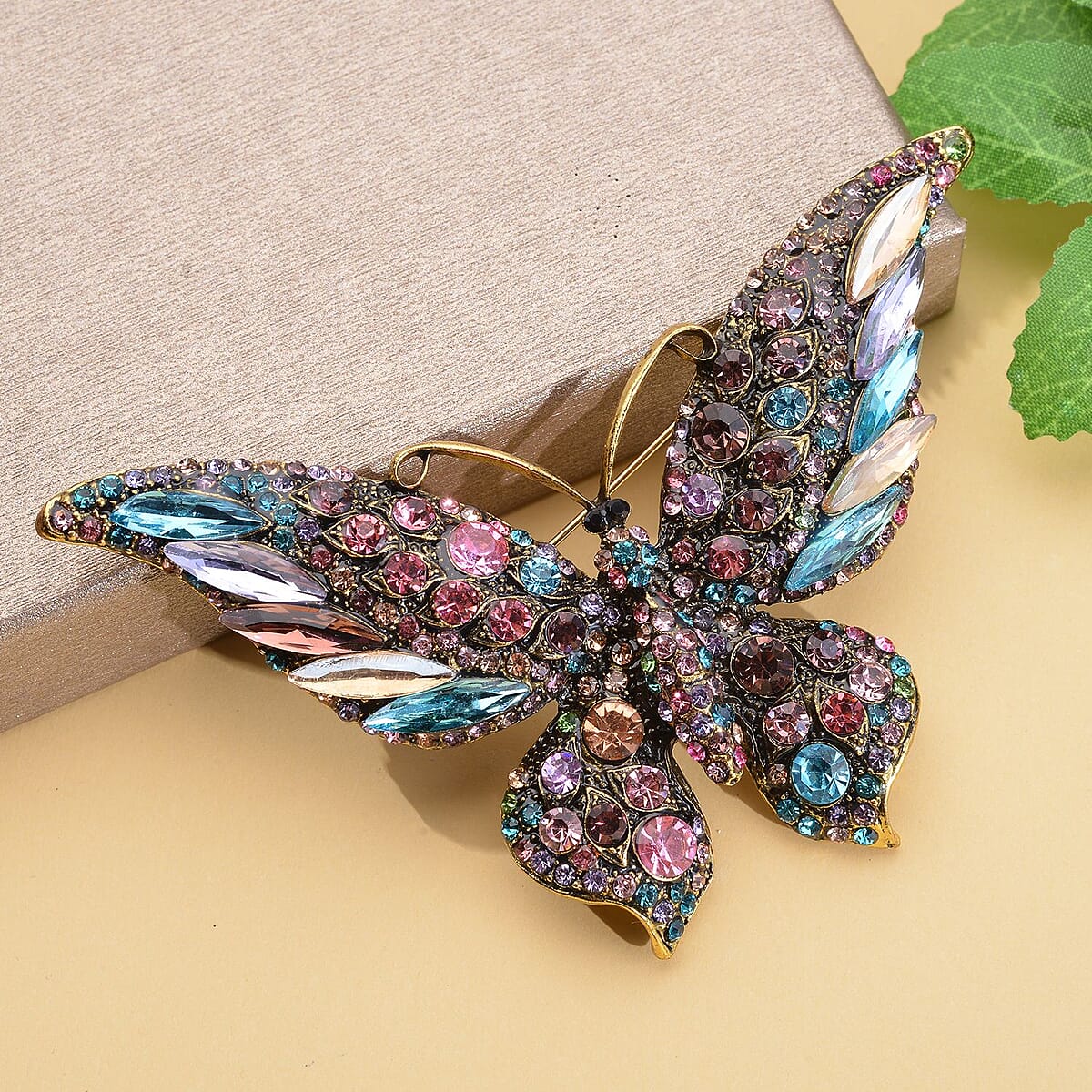 Multi Color Glass and Multi Color Austrian Crystal Butterfly Brooch in Goldtone image number 1