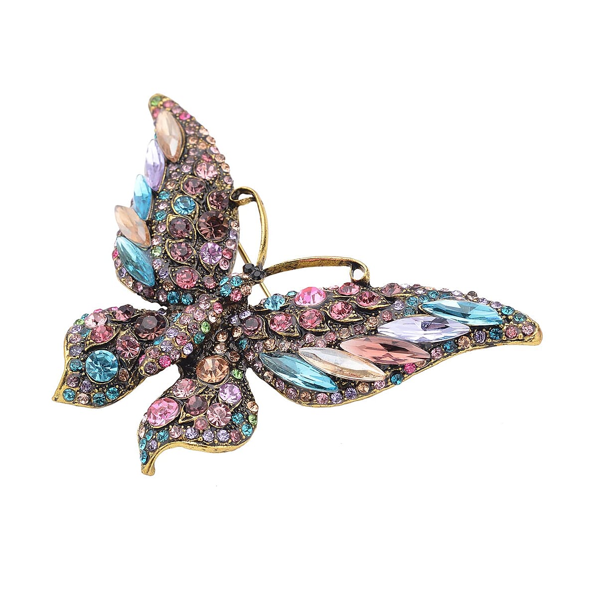 Multi Color Glass and Multi Color Austrian Crystal Butterfly Brooch in Goldtone image number 2
