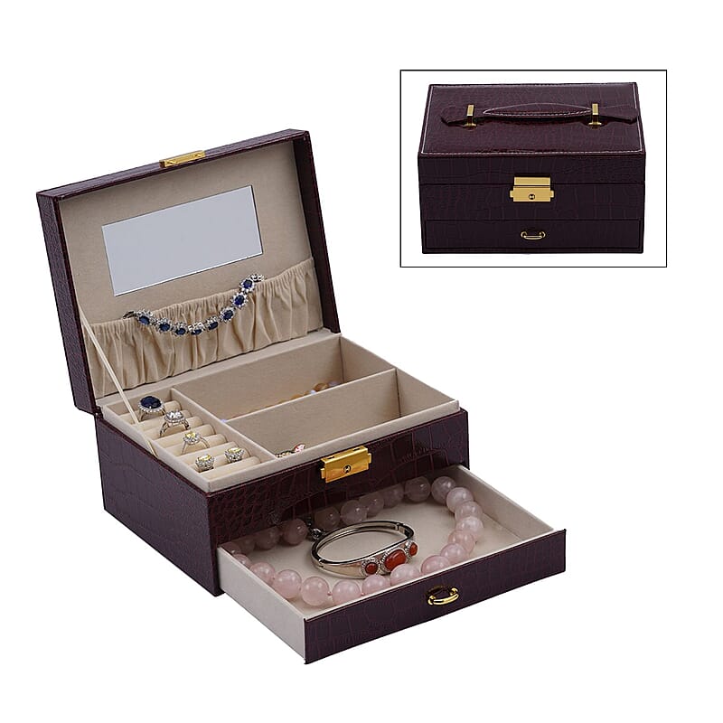 Wine Red Croc Embossed Faux Leather 2 Layer Jewelry Organizer With Mirror Lock and Key | Jewelry Box for Women | Portable Jewelry Box | Jewelry Holder | Jewelry Storage | Jewelry Organizer