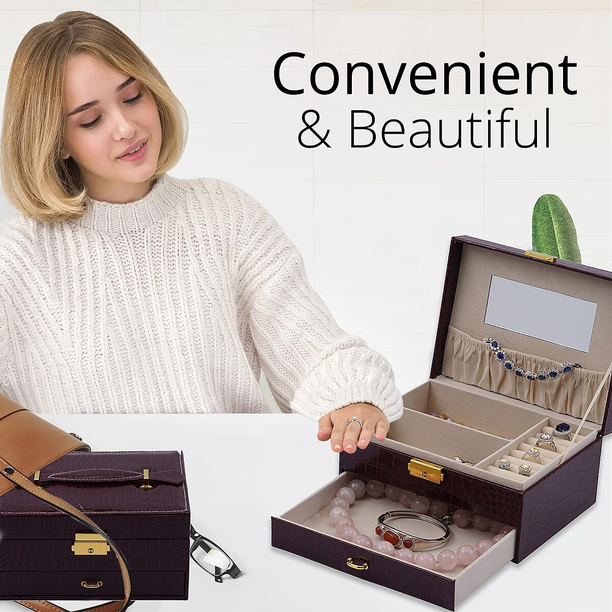 Wine Red Croc Embossed 2 Layer Faux Leather Jewelry Box with Lock and Key (8.4"x6.8"x4.5") image number 1