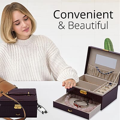 Wine Red Croc Embossed Faux Leather 2 Layer Jewelry Organizer With Mirror Lock and Key | Jewelry Box for Women | Portable Jewelry Box | Jewelry Holder | Jewelry Storage | Jewelry Organizer
