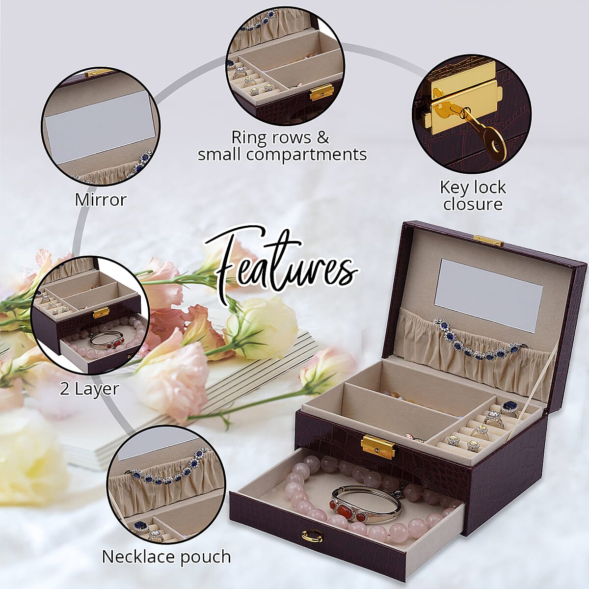 Wine Red Croc Embossed 2 Layer Faux Leather Jewelry Box with Lock and Key (8.4"x6.8"x4.5") image number 2