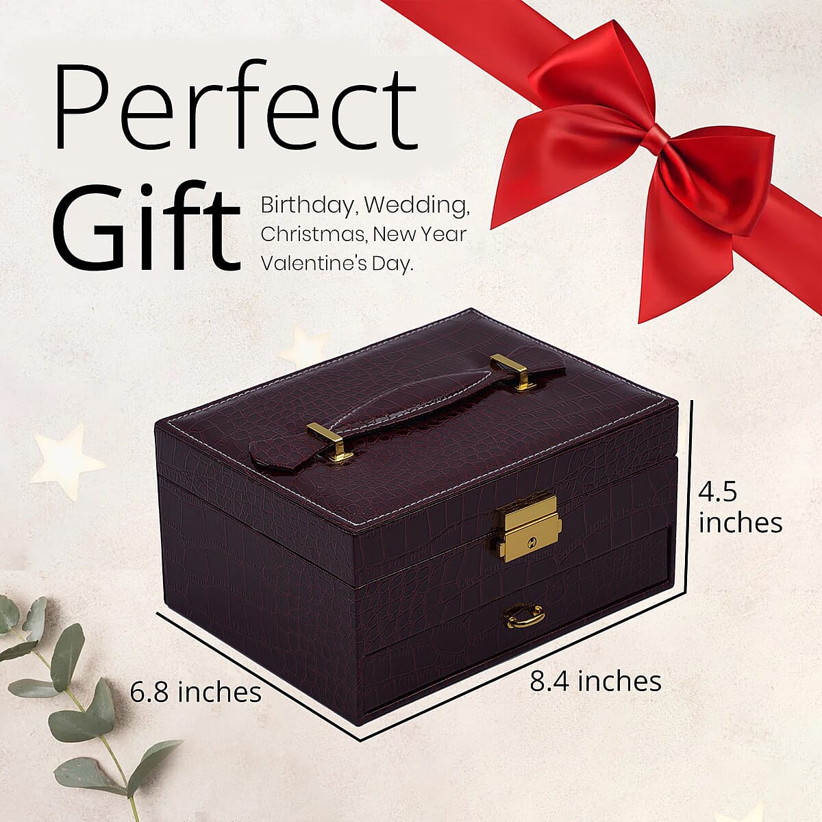 Wine Red Croc Embossed 2 Layer Faux Leather Jewelry Box with Lock and Key (8.4"x6.8"x4.5") image number 3