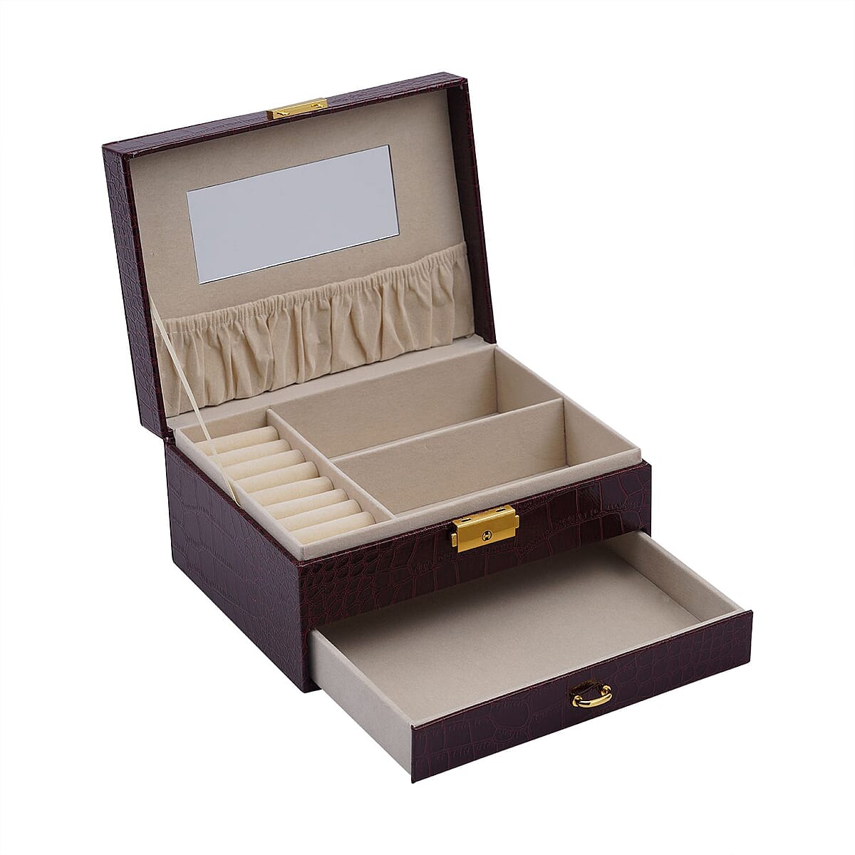 Wine Red Croc Embossed 2 Layer Faux Leather Jewelry Box with Lock and Key (8.4"x6.8"x4.5") image number 5