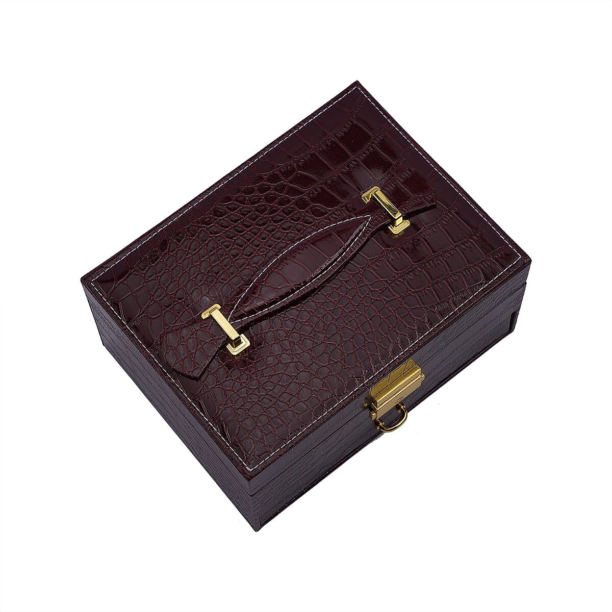 Wine Red Croc Embossed 2 Layer Faux Leather Jewelry Box with Lock and Key (8.4"x6.8"x4.5") image number 6