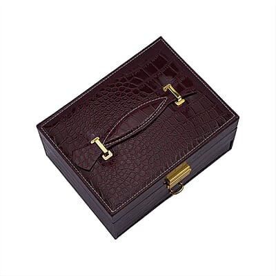 Wine Red Croc Embossed Faux Leather 2 Layer Jewelry Organizer With Mirror Lock and Key | Jewelry Box for Women | Portable Jewelry Box | Jewelry Holder | Jewelry Storage | Jewelry Organizer