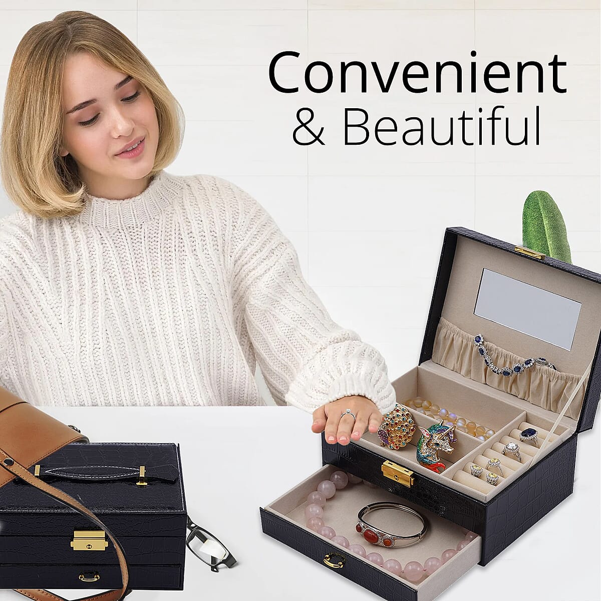 Black Croc Embossed Faux Leather 2 Layer Jewelry Organizer With Mirror Lock and Key | Jewelry Box for Women | Portable Jewelry Box | Jewelry Holder | Jewelry Storage | Jewelry Organizer image number 1