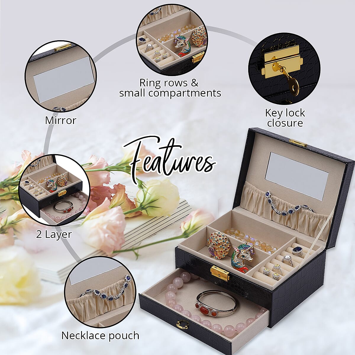 Black Croc Embossed Faux Leather 2 Layer Jewelry Organizer With Mirror Lock and Key | Jewelry Box for Women | Portable Jewelry Box | Jewelry Holder | Jewelry Storage | Jewelry Organizer image number 2