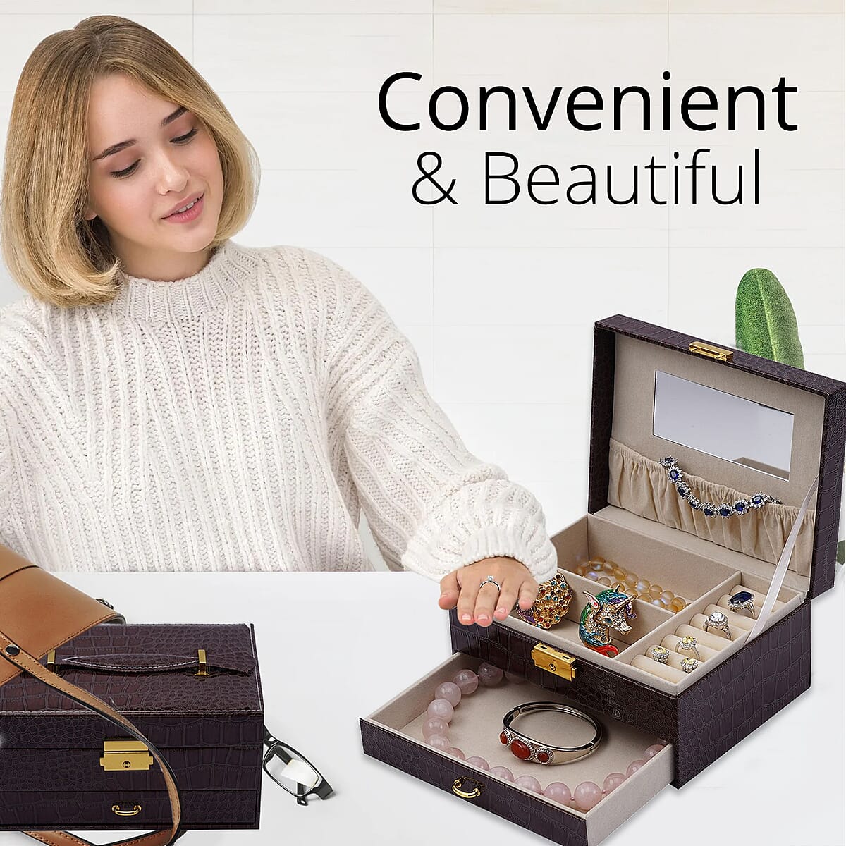 Coffee Croc Embossed Faux Leather 2 Layer Jewelry Organizer With Mirror Lock and Key | Jewelry Box for Women | Portable Jewelry Box | Jewelry Holder | Jewelry Storage | Jewelry Organizer image number 1