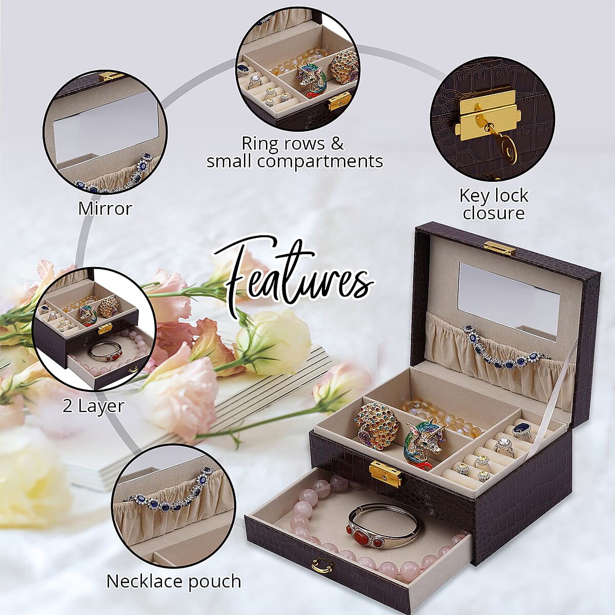 Coffee Croc Embossed Faux Leather 2 Layer Jewelry Organizer With Mirror Lock and Key | Jewelry Box for Women | Portable Jewelry Box | Jewelry Holder | Jewelry Storage | Jewelry Organizer image number 2