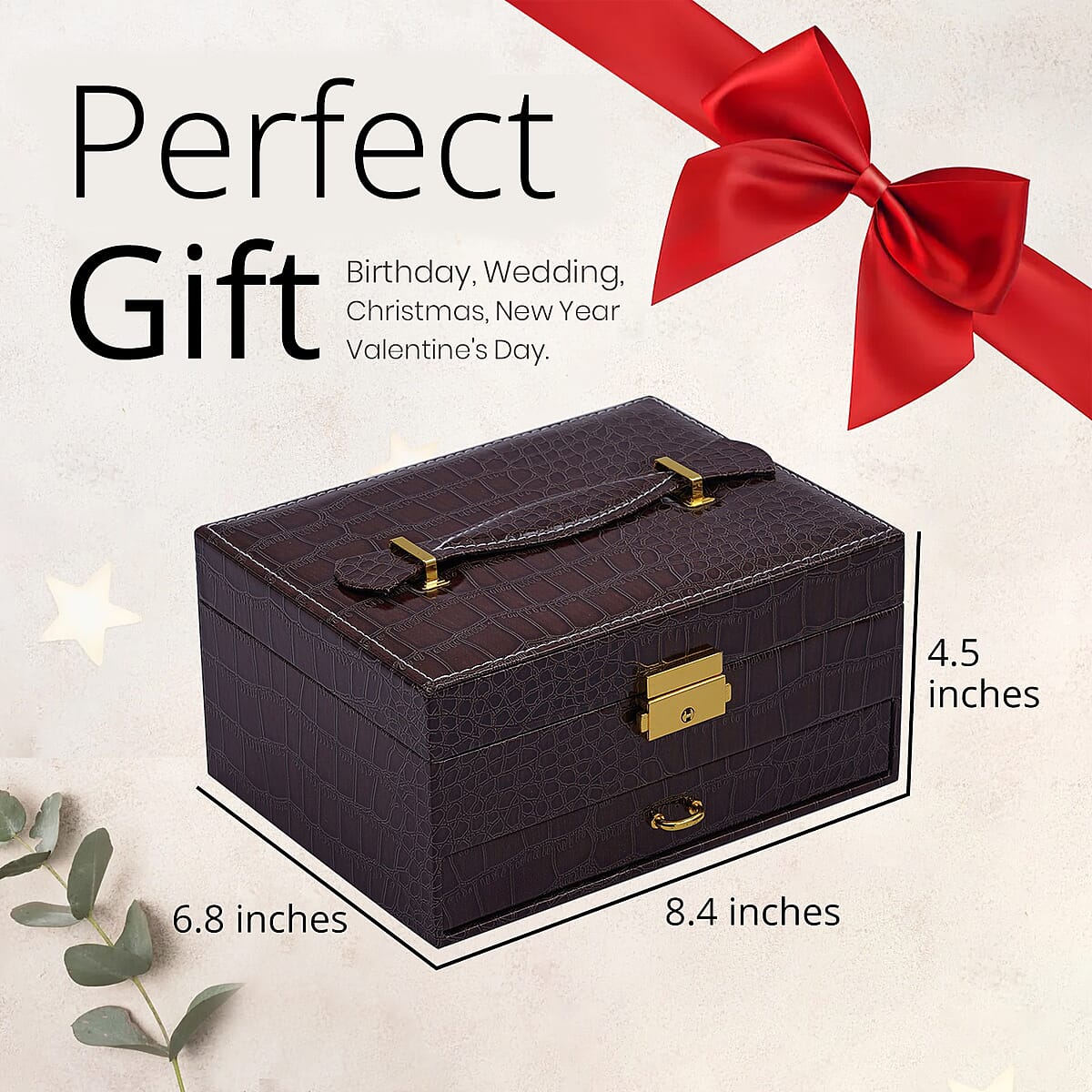 Coffee Croc Embossed Faux Leather 2 Layer Jewelry Organizer With Mirror Lock and Key | Jewelry Box for Women | Portable Jewelry Box | Jewelry Holder | Jewelry Storage | Jewelry Organizer image number 3