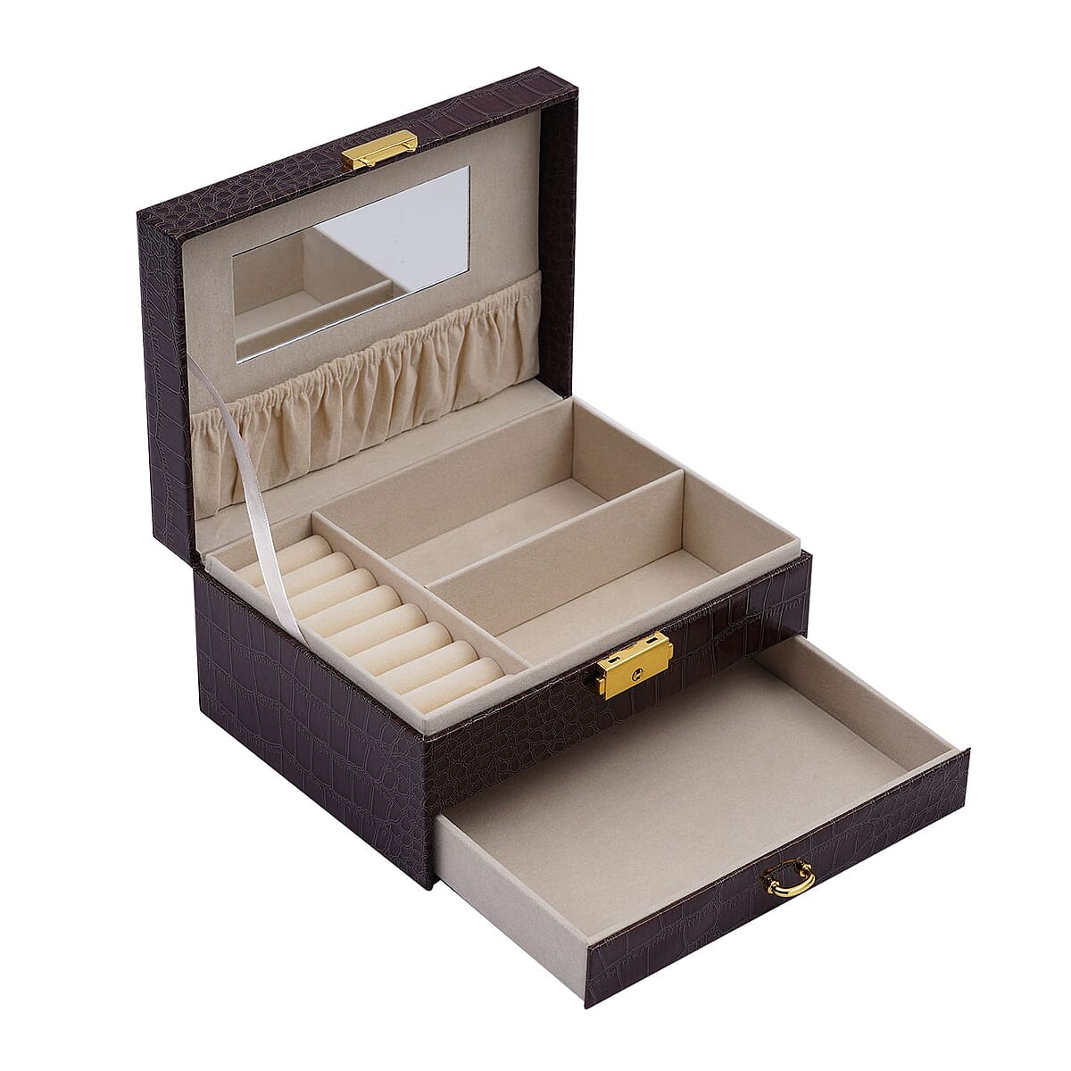 Coffee Croc Embossed Faux Leather 2 Layer Jewelry Organizer With Mirror Lock and Key | Jewelry Box for Women | Portable Jewelry Box | Jewelry Holder | Jewelry Storage | Jewelry Organizer image number 5
