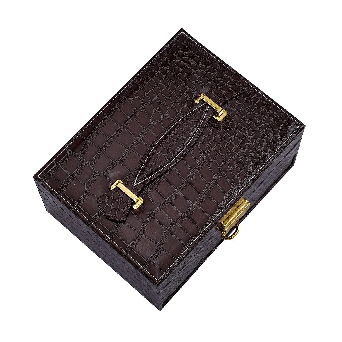 Coffee Croc Embossed Faux Leather 2 Layer Jewelry Organizer With Mirror Lock and Key | Jewelry Box for Women | Portable Jewelry Box | Jewelry Holder | Jewelry Storage | Jewelry Organizer image number 6