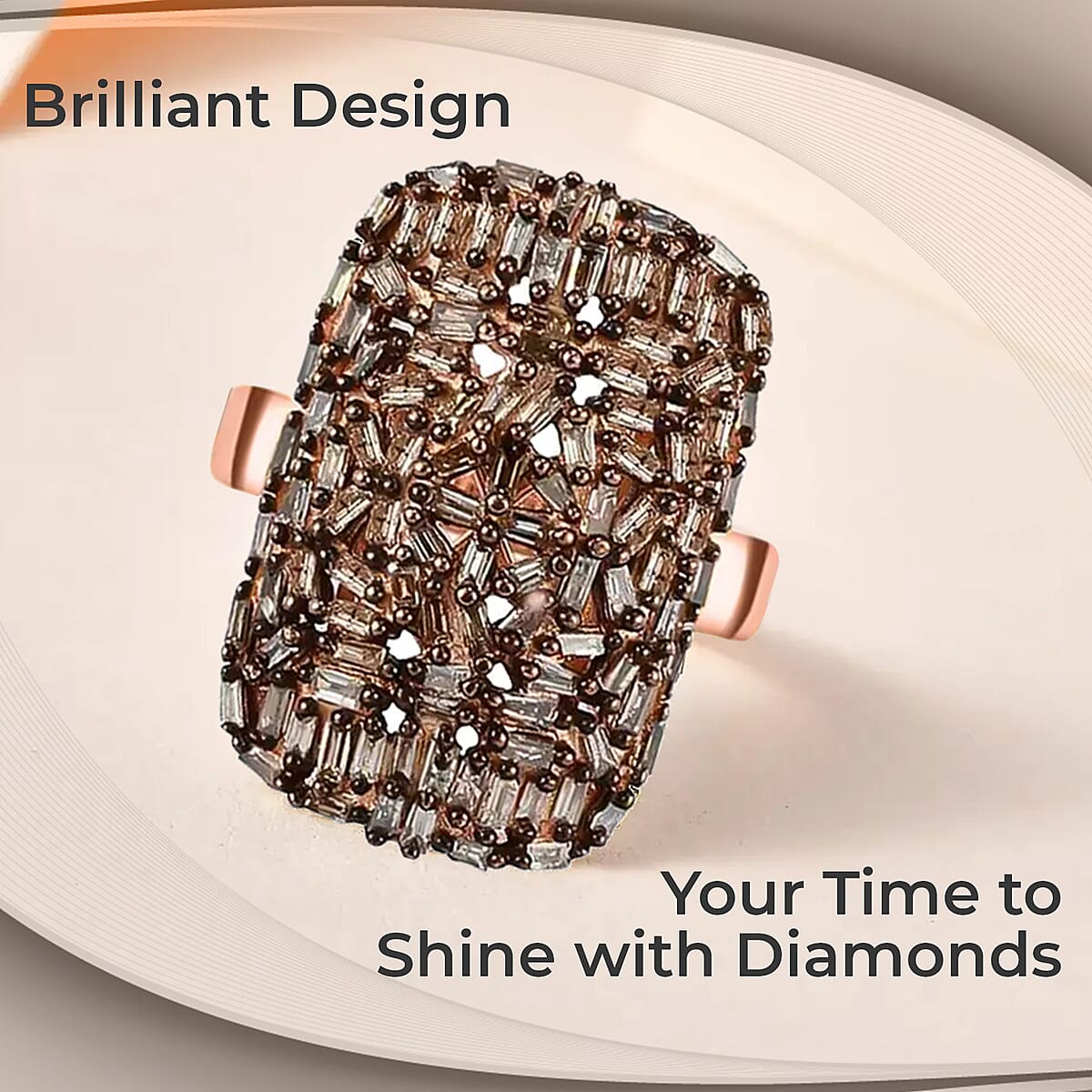 Natural Champagne Diamond Cluster Ring, Champagne Diamond Ring, Cluster Cocktail Ring, Vermeil Rose Gold Over Sterling Silver Ring, Champagne Diamond Jewelry For Her 1.00 ctw (Size 6.00) image number 1