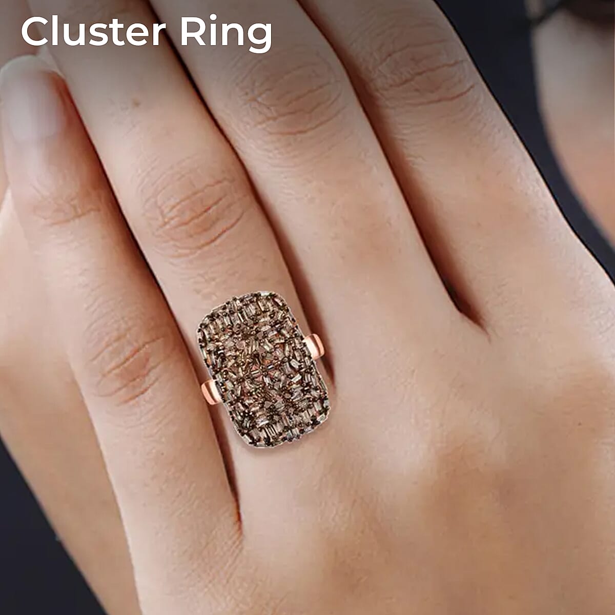 Natural Champagne Diamond Cluster Ring, Champagne Diamond Ring, Cluster Cocktail Ring, Vermeil Rose Gold Over Sterling Silver Ring, Champagne Diamond Jewelry For Her 1.00 ctw (Size 6.00) image number 2