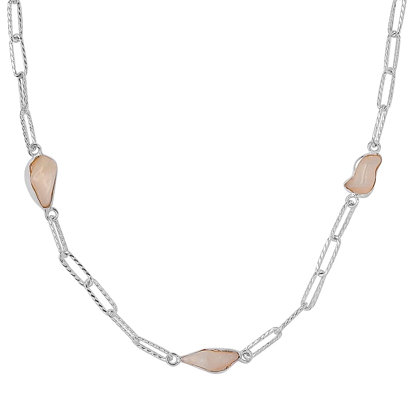 Artisan Crafted Rough Cut Ethiopian Welo Opal Paper Clip Chain Station Necklace 22 Inches in Sterling Silver 9.75 ctw