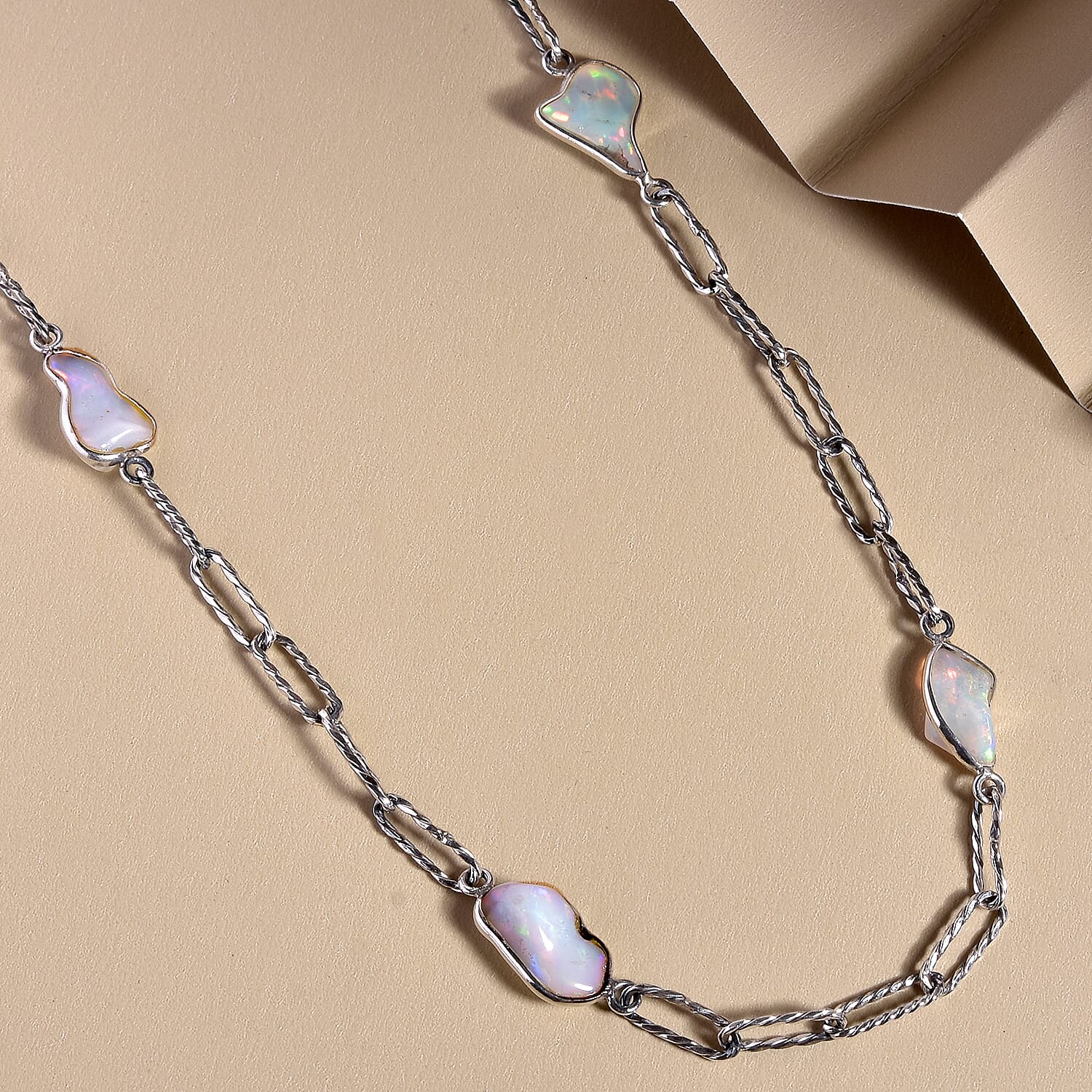 Artisan Crafted Rough Cut Ethiopian Welo Opal Paper Clip Chain Station Necklace 22 Inches in Sterling Silver 9.75 ctw