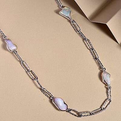 Artisan Crafted Rough Cut Ethiopian Welo Opal Paper Clip Chain Station Necklace 22 Inches in Sterling Silver 9.75 ctw