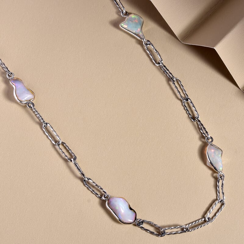 Artisan Crafted Rough Cut Ethiopian Welo Opal Paper Clip Chain Station Necklace 22 Inches in Sterling Silver 9.75 ctw