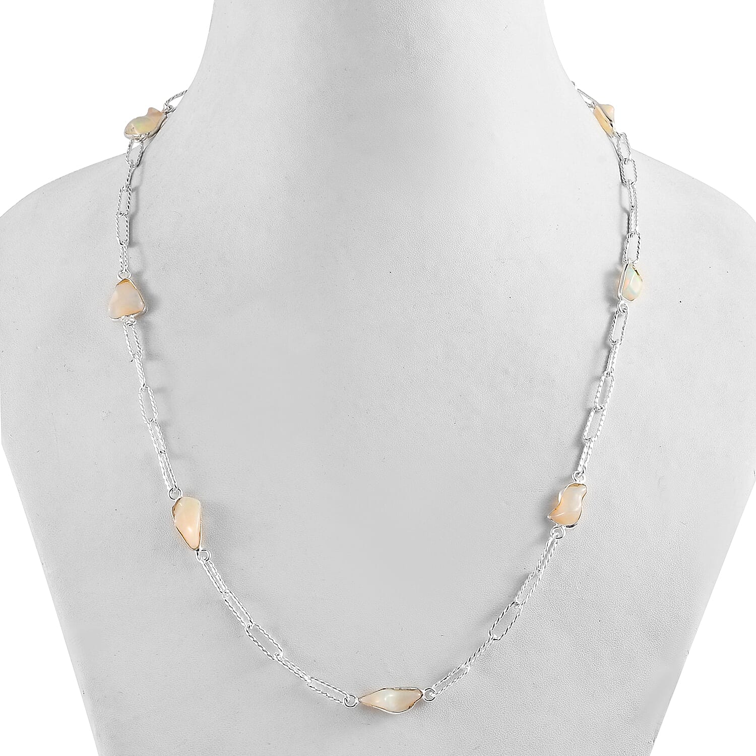 Artisan Crafted Rough Cut Ethiopian Welo Opal Paper Clip Chain Station Necklace 22 Inches in Sterling Silver 9.75 ctw