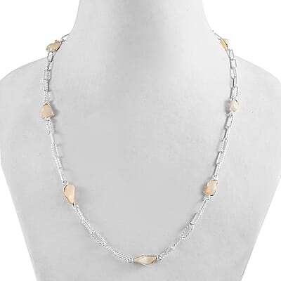 Artisan Crafted Rough Cut Ethiopian Welo Opal Paper Clip Chain Station Necklace 22 Inches in Sterling Silver 9.75 ctw