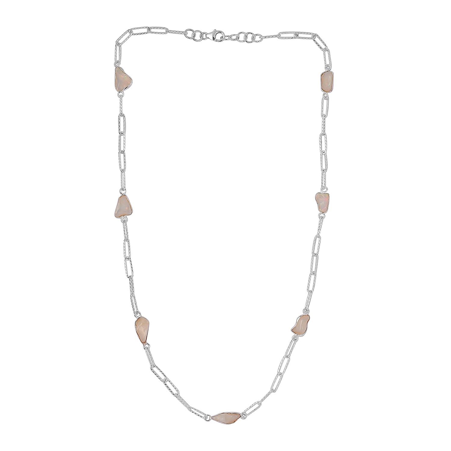 Artisan Crafted Rough Cut Ethiopian Welo Opal Paper Clip Chain Station Necklace 22 Inches in Sterling Silver 9.75 ctw