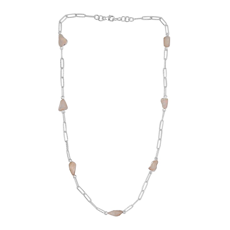 Artisan Crafted Rough Cut Ethiopian Welo Opal Paper Clip Chain Station Necklace 22 Inches in Sterling Silver 9.75 ctw