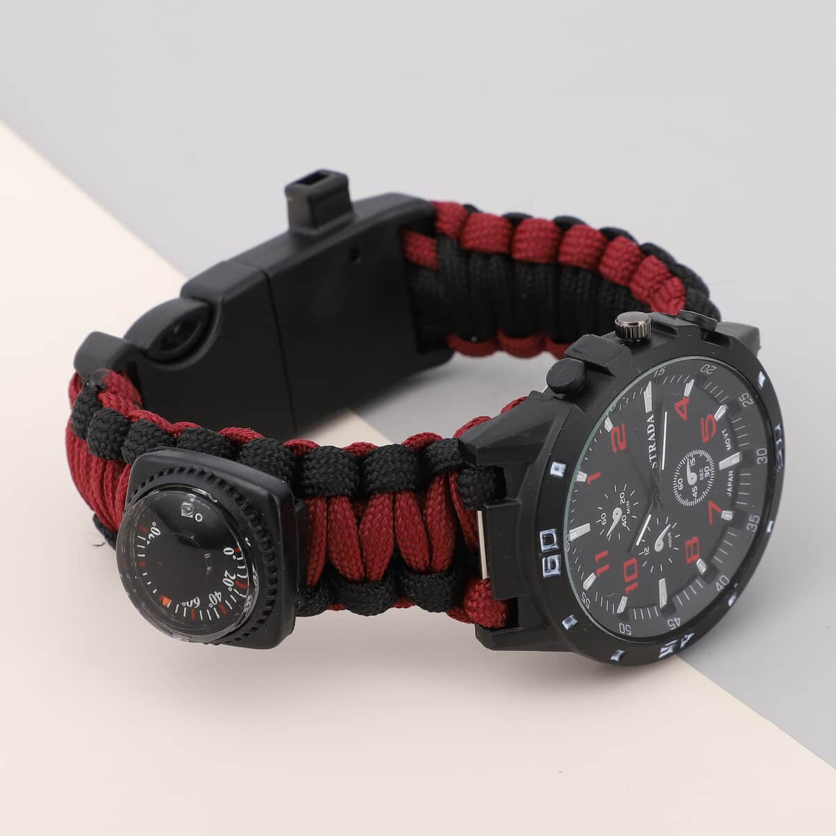 STRADA Japanese Movement Water Resistant Watch with Red and Black Nylon Strap and Stainless Steel Back image number 1