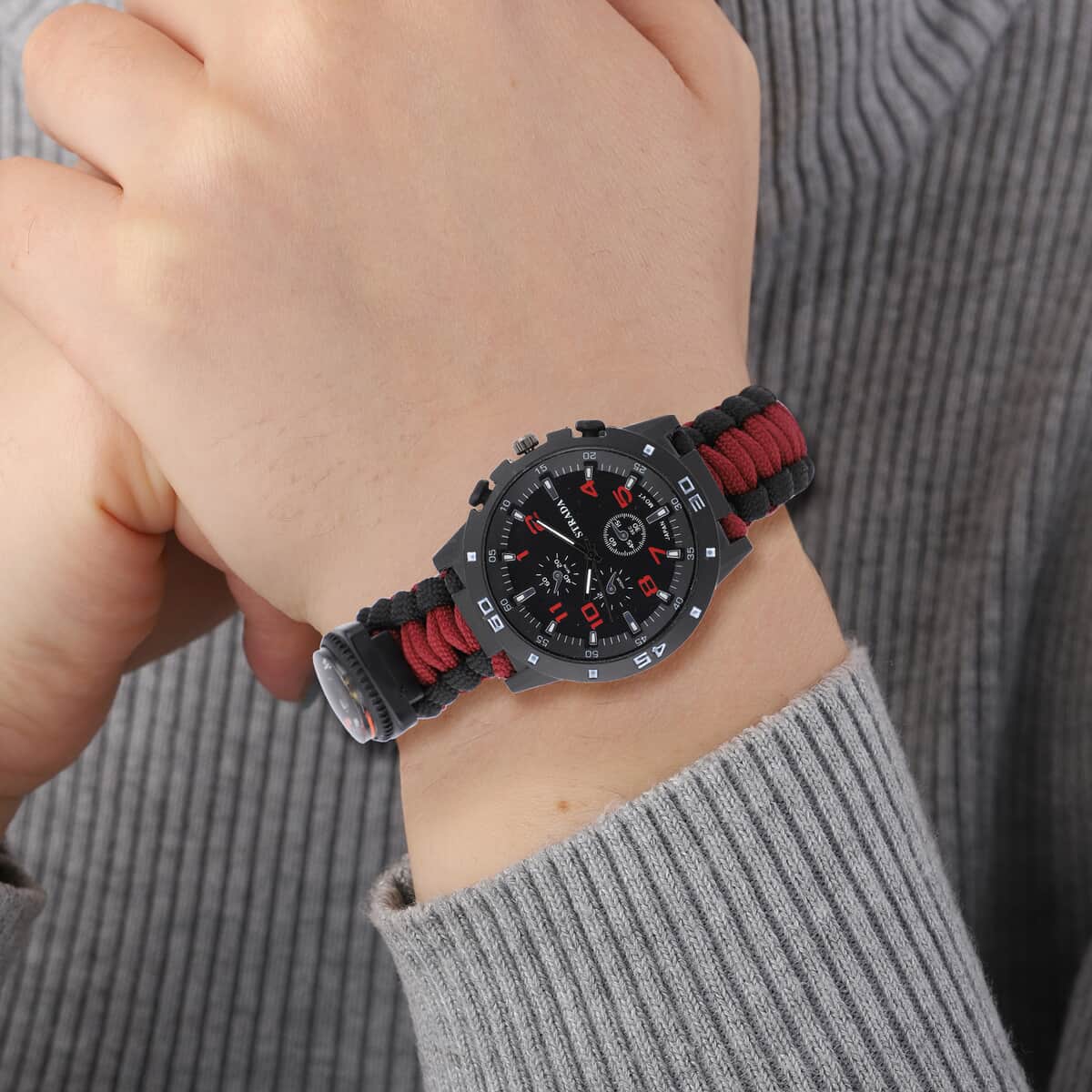 STRADA Japanese Movement Water Resistant Watch with Red and Black Nylon Strap and Stainless Steel Back image number 2
