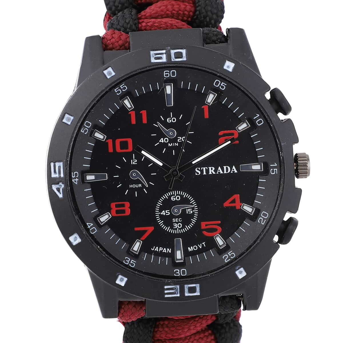 STRADA Japanese Movement Water Resistant Watch with Red and Black Nylon Strap and Stainless Steel Back image number 3
