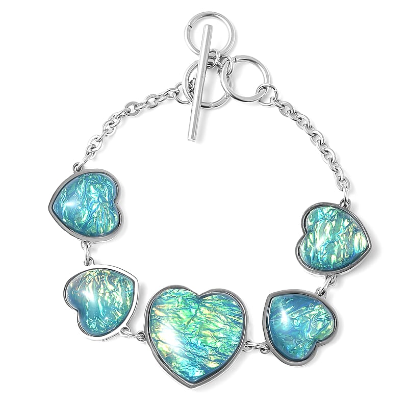 Lab Created Blue Opal Station Bracelet in Stainless Steel (7.00 In) 15.42 ctw